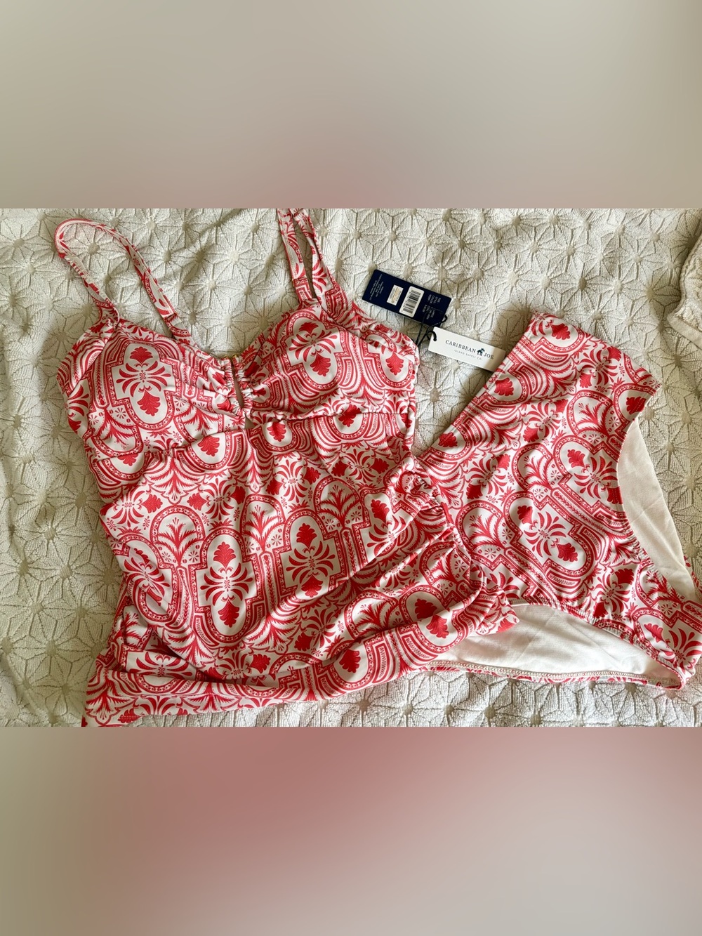 Caribbean Joe Printed coral & Ivory print  Tankini Set  XL NWT